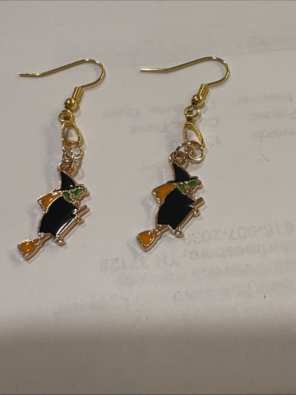Gold-Tone Black & Orange Witch on Broom Dangle Earrings